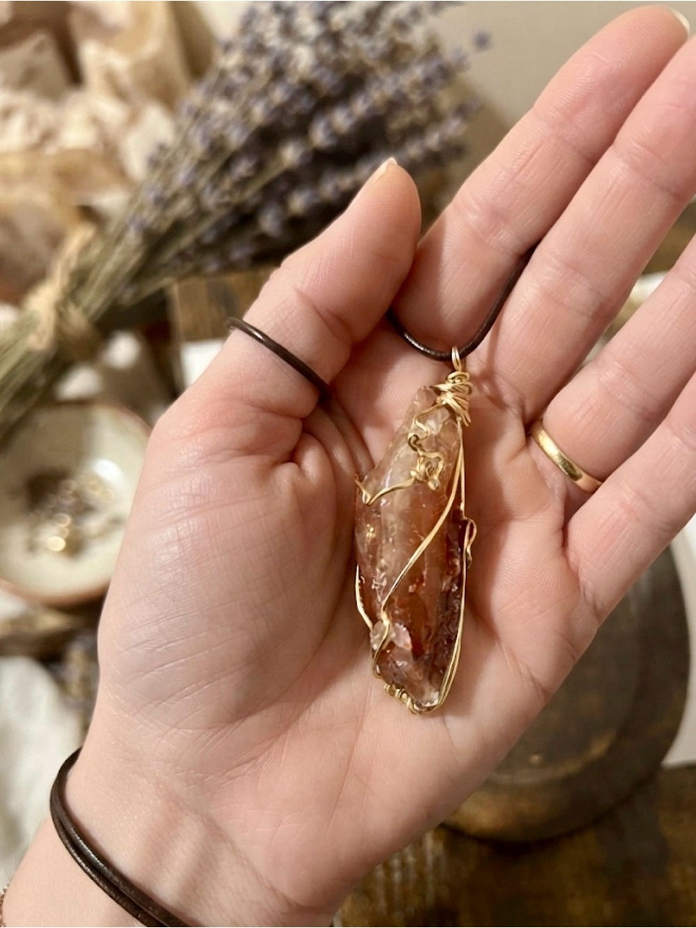 Red Calcite  Crystal Golden Wire Wrapped  Pendant Necklace